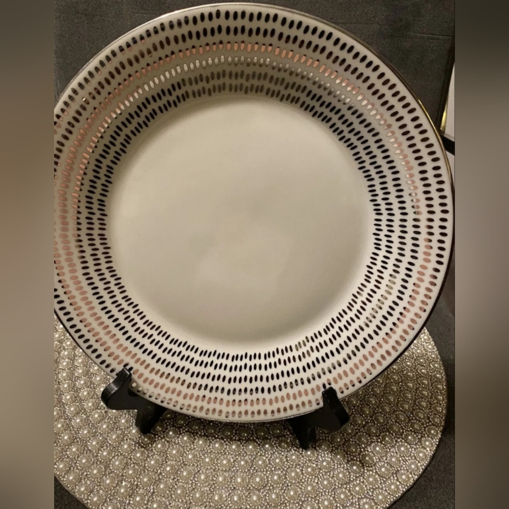 Ciroa Luxe Porcelain Platinum Dots Rim Dinner Plates Set 3 RARE PRINT